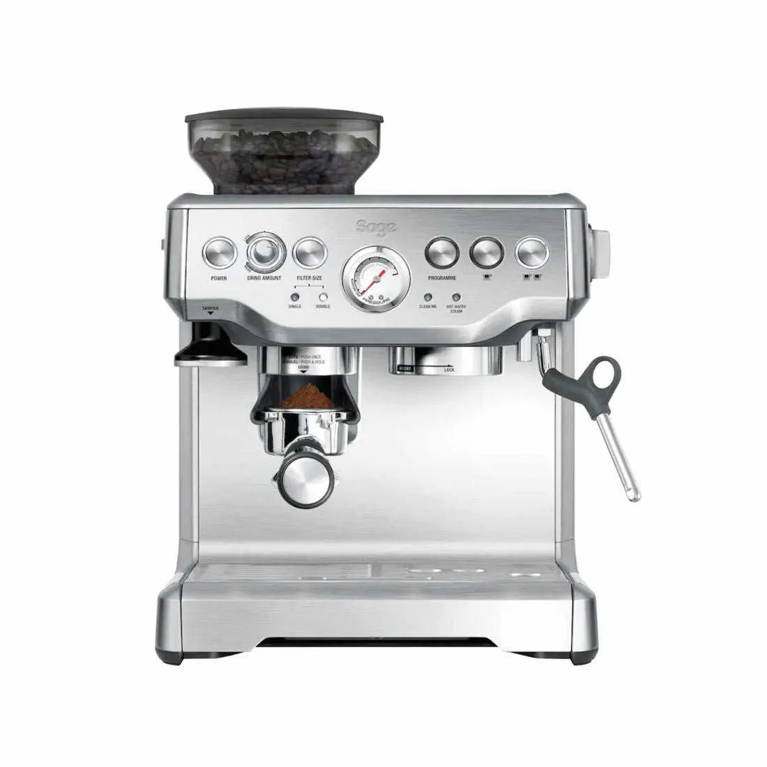 Sage Barista Express espressomaskin i rostfritt stål med integrerad kvarn, visas framifrån.