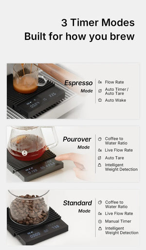 Čierna kávová váha s viacerými režimami časovača a presnosťou pre espresso a prípravu, baristické príslušenstvo, všetko o káve.