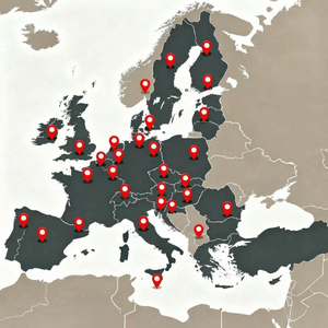 Mapa Európy s červenými značkami, ktoré ukazujú vybrané miesta v niekoľkých európskych krajinách.
